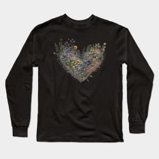 Floral Garden Botanical Print with wild flowers Heart Valentines Long Sleeve T-Shirt